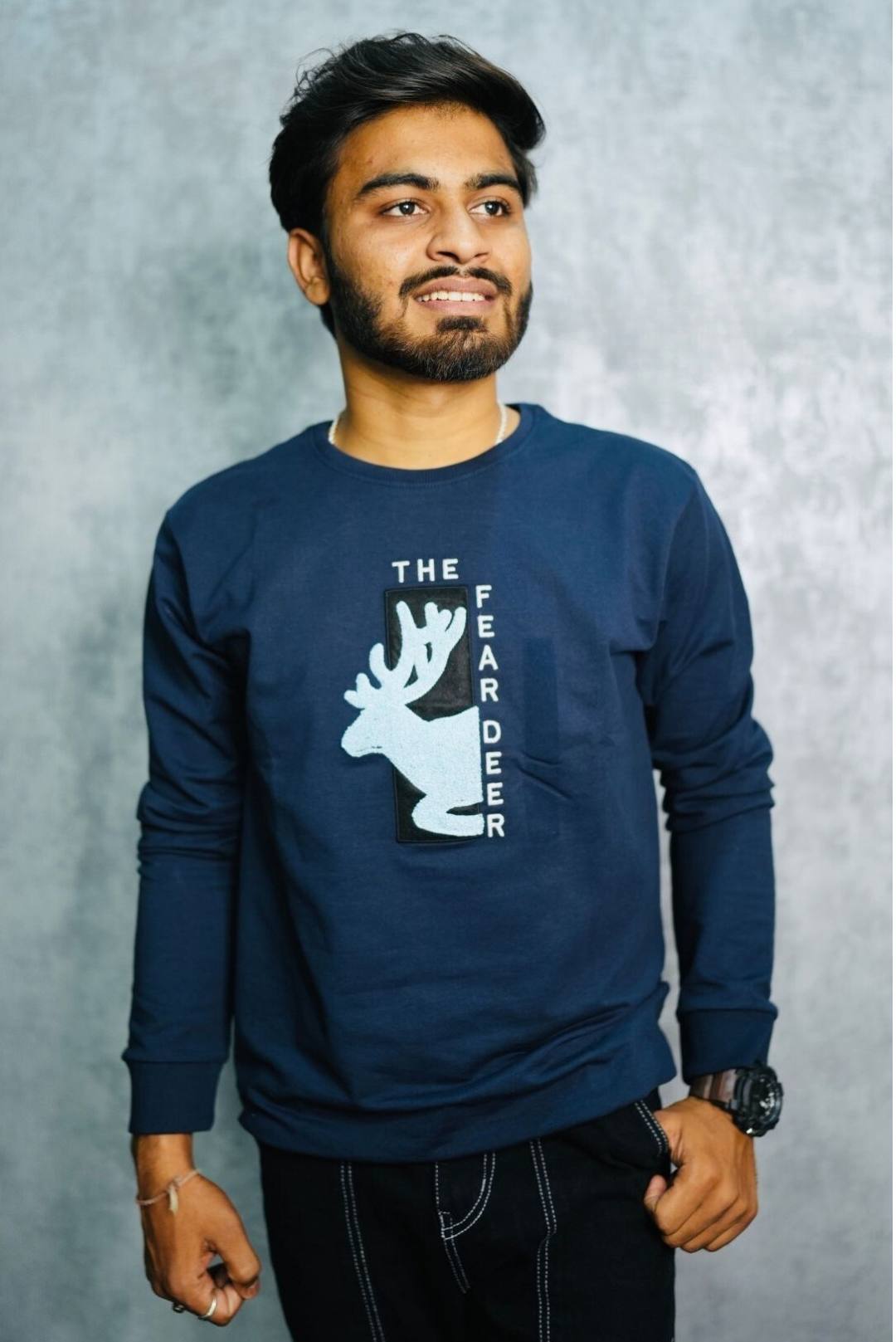 Fearless Stag Unisex Full-Sleeve Blue Tee with Embroidered Deer Design